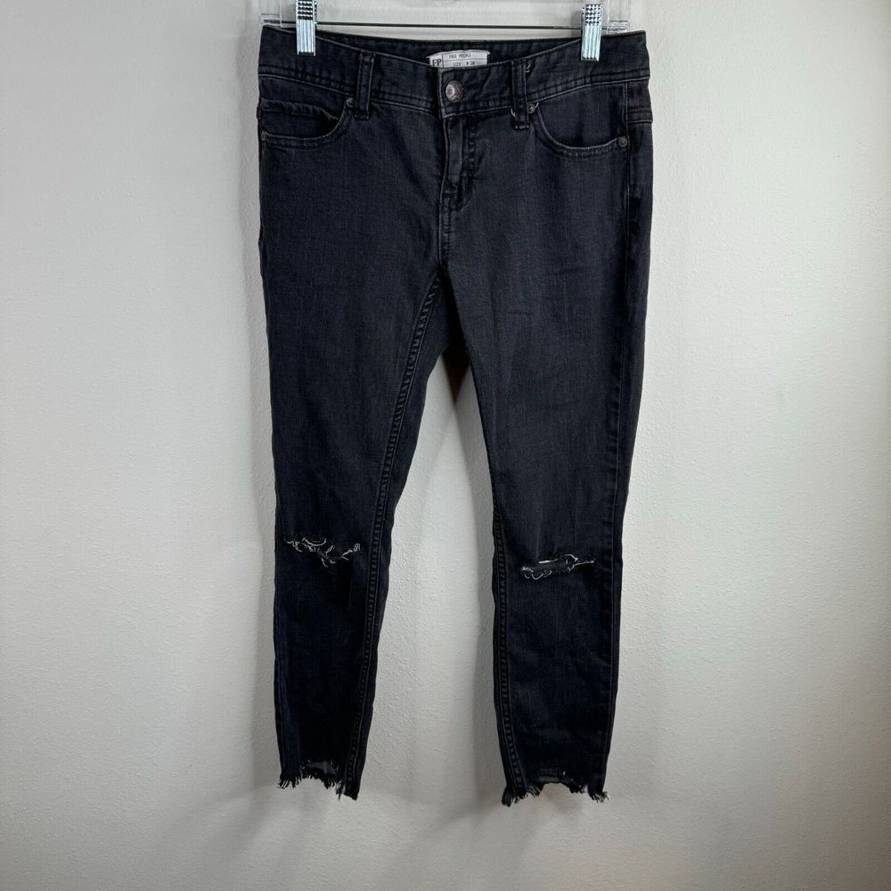 Free People Womens Jeans‎ Size 26 Black Distressed Raw Hem Cotton Blend